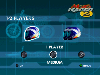Moto Racer 2 (PlayStation) screenshot: Number of players and difficulty selection screen