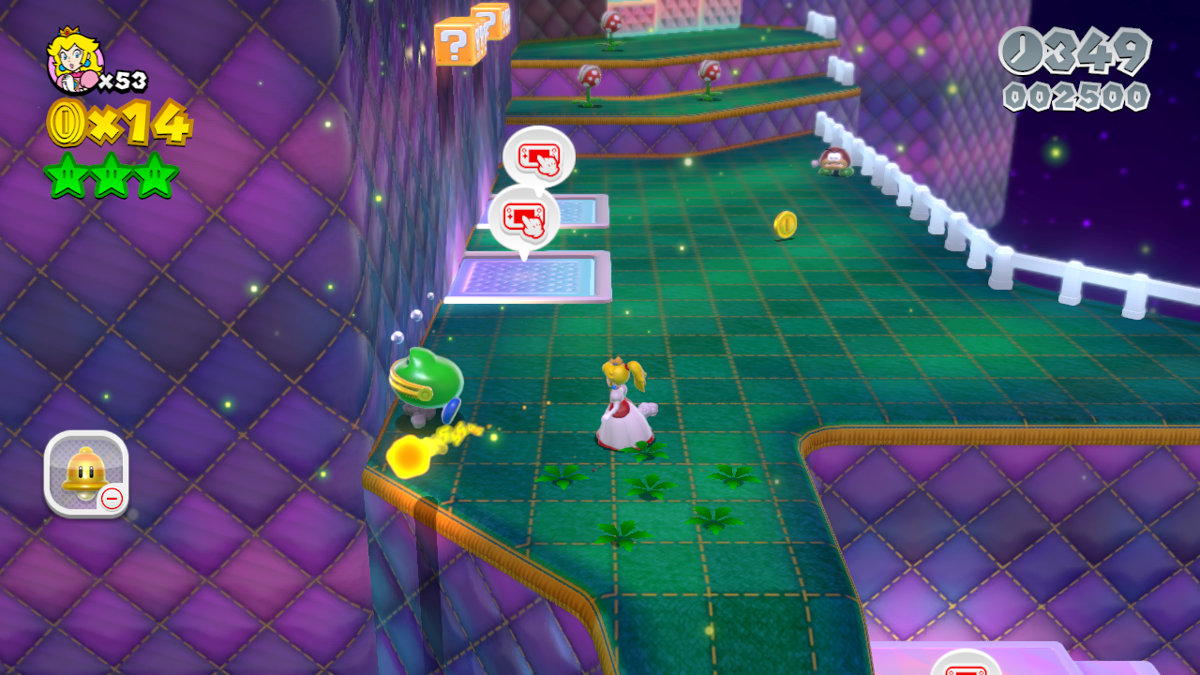 Super Mario 3D World (Wii U) screenshot: In some stages you need to touch the Wii U GamePad touch screen to raise certain platforms