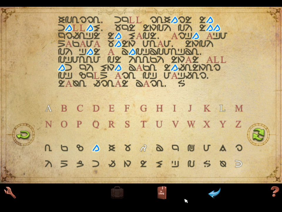 Broken Sword: Shadow of the Templars - The Director's Cut (Windows) screenshot: We get to decode some telegrams. Btw, as a certain Polish mathematician said in his book "Mathematical Tales", letter-letter or letter-sign ciphers are the least effective ones - too easy to guess.