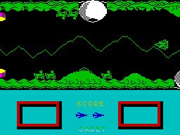 Challenge of the Gobots (ZX Spectrum) screenshot: The start of the game. We are the green ship at the right.