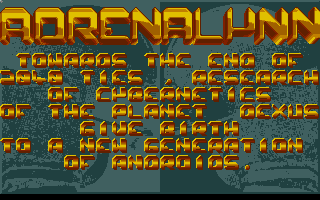 Adrenalynn (Atari ST) screenshot: The first part of the scenario description; blended in over the title screen