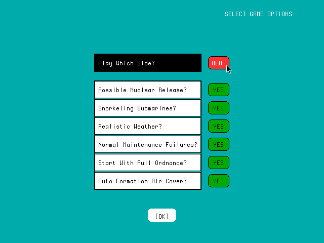 Harpoon (Macintosh) screenshot: Options screen (Color)