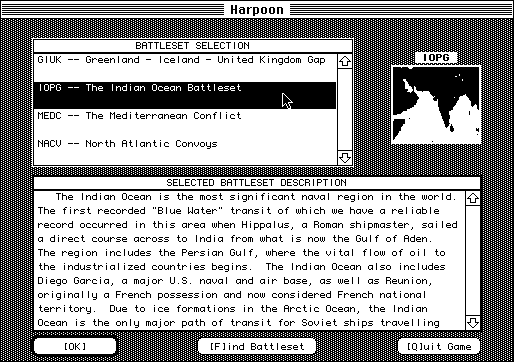 Harpoon (Macintosh) screenshot: Battleset selection screen (B&W)