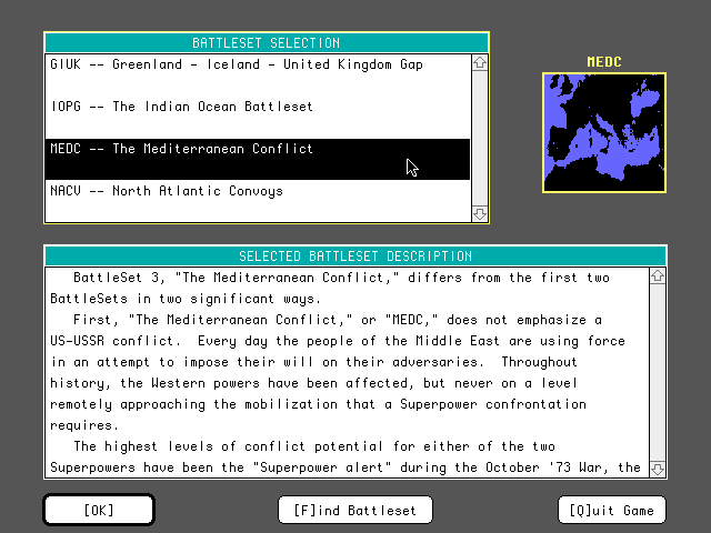 Harpoon (Macintosh) screenshot: Battleset selection screen (Color)