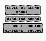 After Burst (Game Boy) screenshot: After clearing a level, bonus points are awarded for each second left on the time limit.