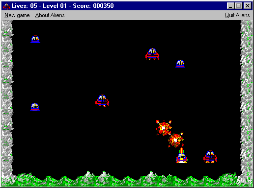 Aliens (Windows 3.x) screenshot: Shareware version: A game is underway. The player's score and status are displayed in the title bar.