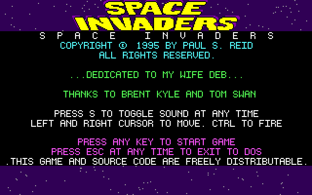 Space Invaders (DOS) screenshot: If nothing happens the game switches to this screen which, in addition to the dedication, explains the action keys used in the game.