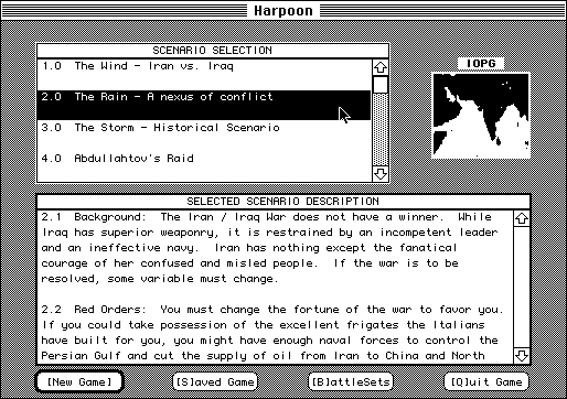 Harpoon (Macintosh) screenshot: Scenario selection screen (B&W)