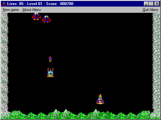 Aliens (Windows 3.x) screenshot: Shareware version: This screen shows one of the defending ships taking off and firing at the aliens.