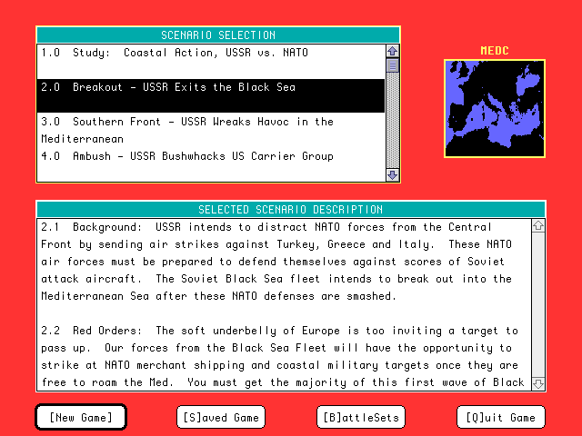 Harpoon (Macintosh) screenshot: Scenario selection screen (Color)