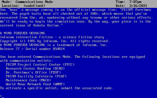 A Mind Forever Voyaging (DOS) screenshot: Title