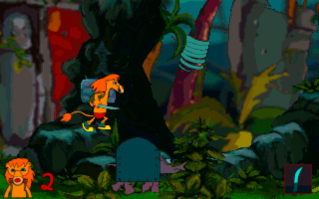Leo the Lion (DOS) screenshot: Fighting a rhino with a knife.