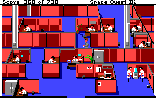 Space Quest III: The Pirates of Pestulon (Amiga) screenshot: Scum Soft cubicles.