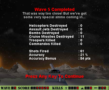Heavy Cannon (Browser) screenshot: Statistics after every wave.