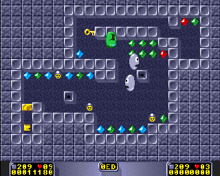 BrainMan (Amiga) screenshot: We picked up a bonus symbol which lets us destroy the hostile blobs. However, they respawn after a short time.