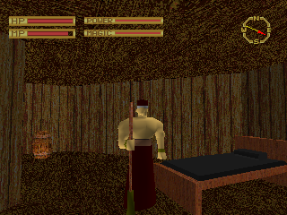 King's Field (PlayStation) screenshot: One of the few friendly NPCs you'll meet - a janitor without eyes. Poor guy!..