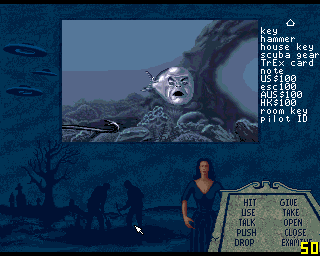 Plan 9 From Outer Space (Amiga) screenshot: Watch your step or you may end up facing this weird looking fish. You can die in the game, so make sure to save often.