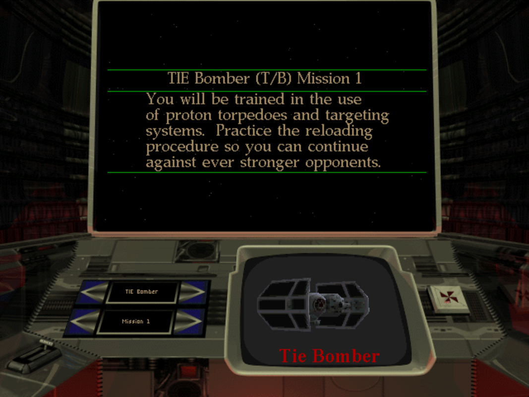 Star Wars: X-Wing - Collector Series (Windows) screenshot: TIE Fighter for Windows 95 – Selecting the craft and mission in the Combat Chamber