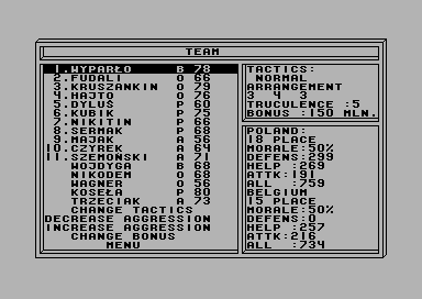 Trener (Commodore 64) screenshot: Setting team