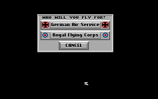 Red Baron (Amiga) screenshot: Starting a new career. You can fight for either side.