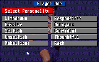 Championship Manager Italia (Amiga) screenshot: The player can choose the personality of his manager.