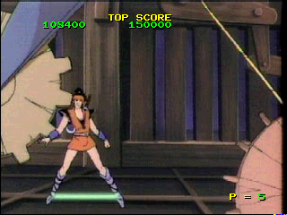 Time Gal & Ninja Hayate (PlayStation) screenshot: Ninja Hayate: If you choose to display "Action" in the Options ("Sign" sub-menu), you'll only get limited on-screen hints on how to avoid the traps