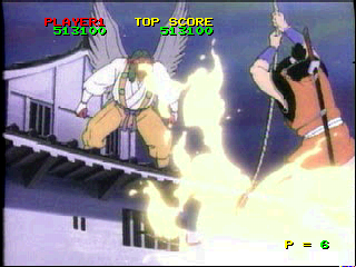 Time Gal & Ninja Hayate (PlayStation) screenshot: Ninja Hayate: a fire-spitting half-eagle samurai warrior is cooking yakitori