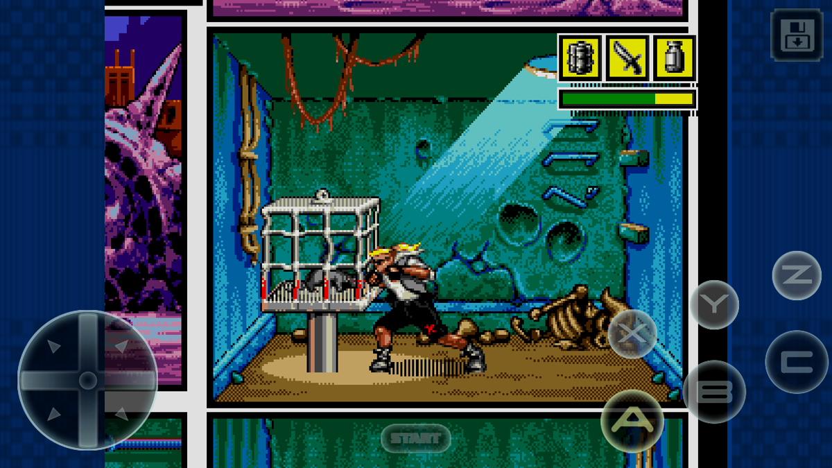 Comix Zone (Android) screenshot: Don't worry, buddy! I'll save you by punching this cage!