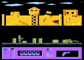Top Secret (Atari 8-bit) screenshot: Barrels and rifle