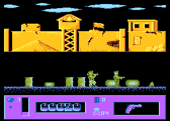Top Secret (Atari 8-bit) screenshot: Bazooka man and a frog