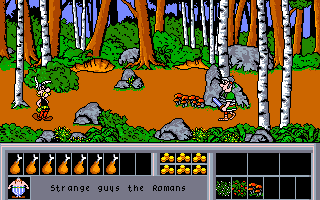 Asterix: Operation Getafix (Amiga) screenshot: Encountering a Roman soldier.