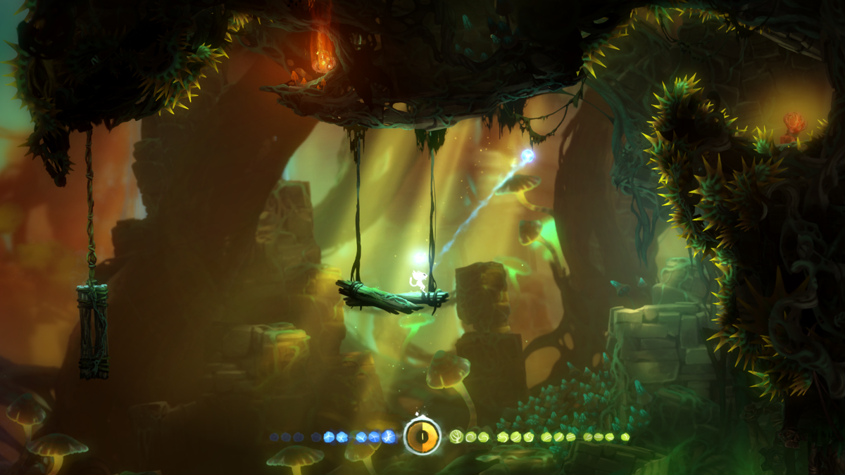 Ori and the Blind Forest: Definitive Edition (Windows) screenshot: With the Light burst ability Ori can throw a ball of light to activate certain objects (Definitive Edition ability)