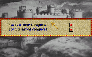 Lords of the Realm (Amiga) screenshot: Main Menu: Start or Load a Conquest