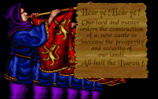 Lords of the Realm (Amiga) screenshot: Intro: It's castle building time! (256 Color AGA Version)