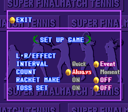 Super Final Match Tennis (SNES) screenshot: Set up the game to your liking