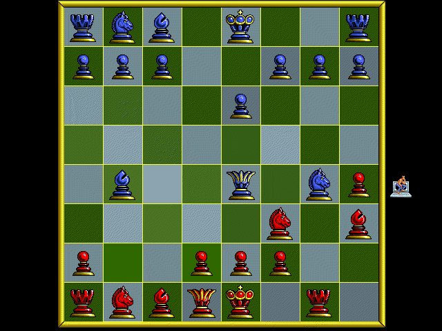 Battle Chess: Enhanced CD-ROM (FM Towns) screenshot: 2D board, computer is thinking
