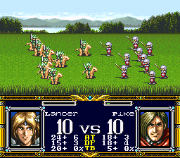 Der Langrisser (SNES) screenshot: Lancers vs pikeman.