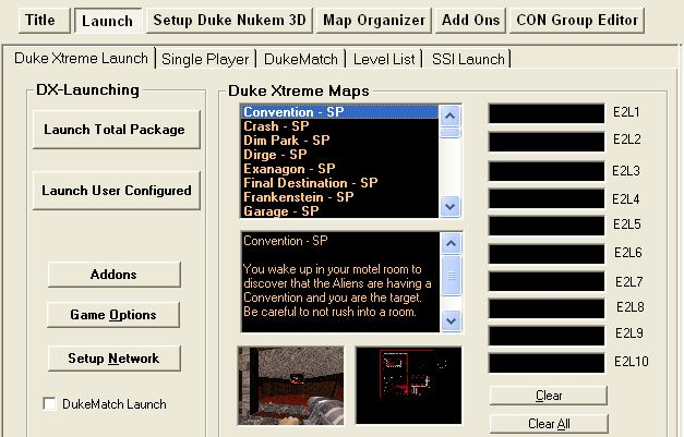 Duke Nukem 3D: Kill a Ton Collection (DOS) screenshot: The Launch Tab allows the player to select a map and play it in either Real or Virtual DOS