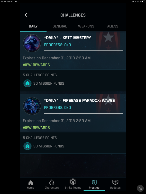 Mass Effect: Andromeda - Apex HQ (iPad) screenshot: Players can complete daily challenges to earn some extra mission funds.