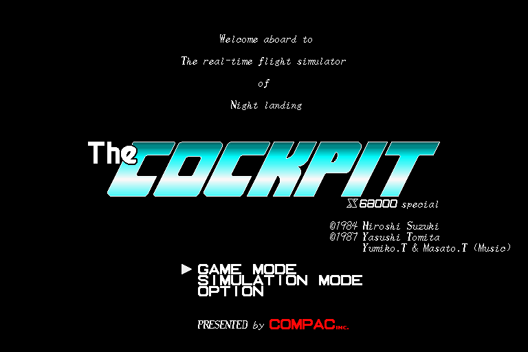 The Cockpit (Sharp X68000) screenshot: Title screen and main menu