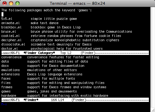 Mac OS X (included games) (Macintosh) screenshot: Emacs game listing
