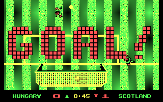 Keith Van Eron's Pro Soccer (DOS) screenshot: Ingame, Goal (Outdoor) (CGA)