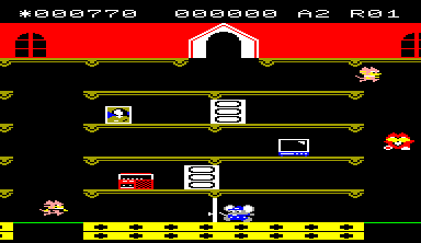 Mappy (Epoch Super Cassette Vision) screenshot: Open the door to unleash a microwave