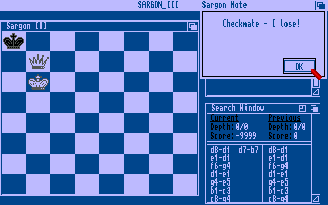 Sargon III (Amiga) screenshot: Testing my checkmate skills.