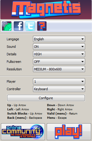 Magnetis (Windows) screenshot: Pre-game menu