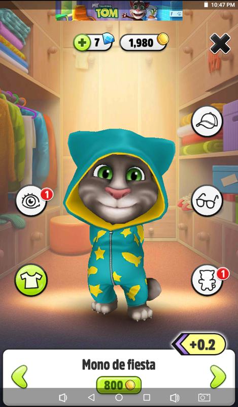 My Talking Tom (Android) screenshot: The outfits store: You can buy different outfits for your Tom.