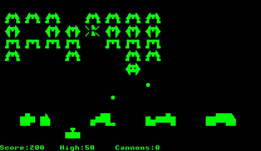 Invaders (CP/M) screenshot: One alien is destroyed (Osborne version)