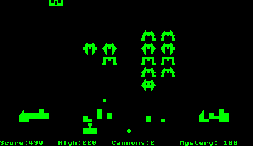 Invaders (CP/M) screenshot: The mystery ship appears (Osborne version)