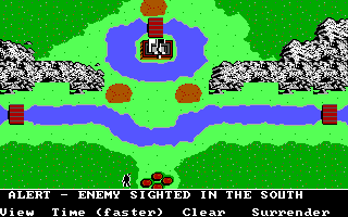 The Ancient Art of War (DOS) screenshot: Alert - Enemy sighted in the South - Sherwood Forest (EGA/Tandy)