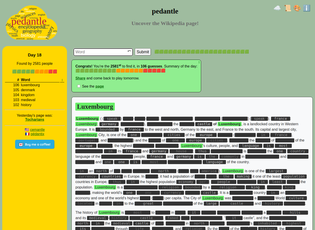 Pedantle (Browser) screenshot: Finished! I have guessed the title of the page.